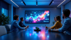 A photograph of a modern boardroom featuring a large led display in action