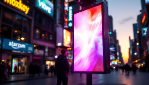 A photograph of a vibrant led display in a bustling urban environment at dusk