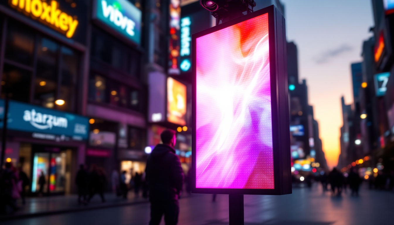 A photograph of a vibrant led display in a bustling urban environment at dusk