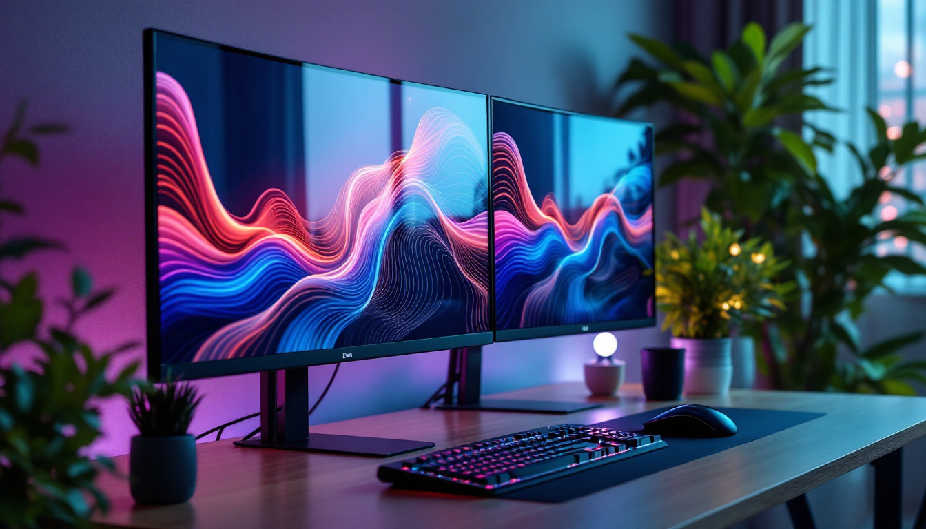 A photograph of capture a photograph of a sleek dual monitor setup on a stylish desk