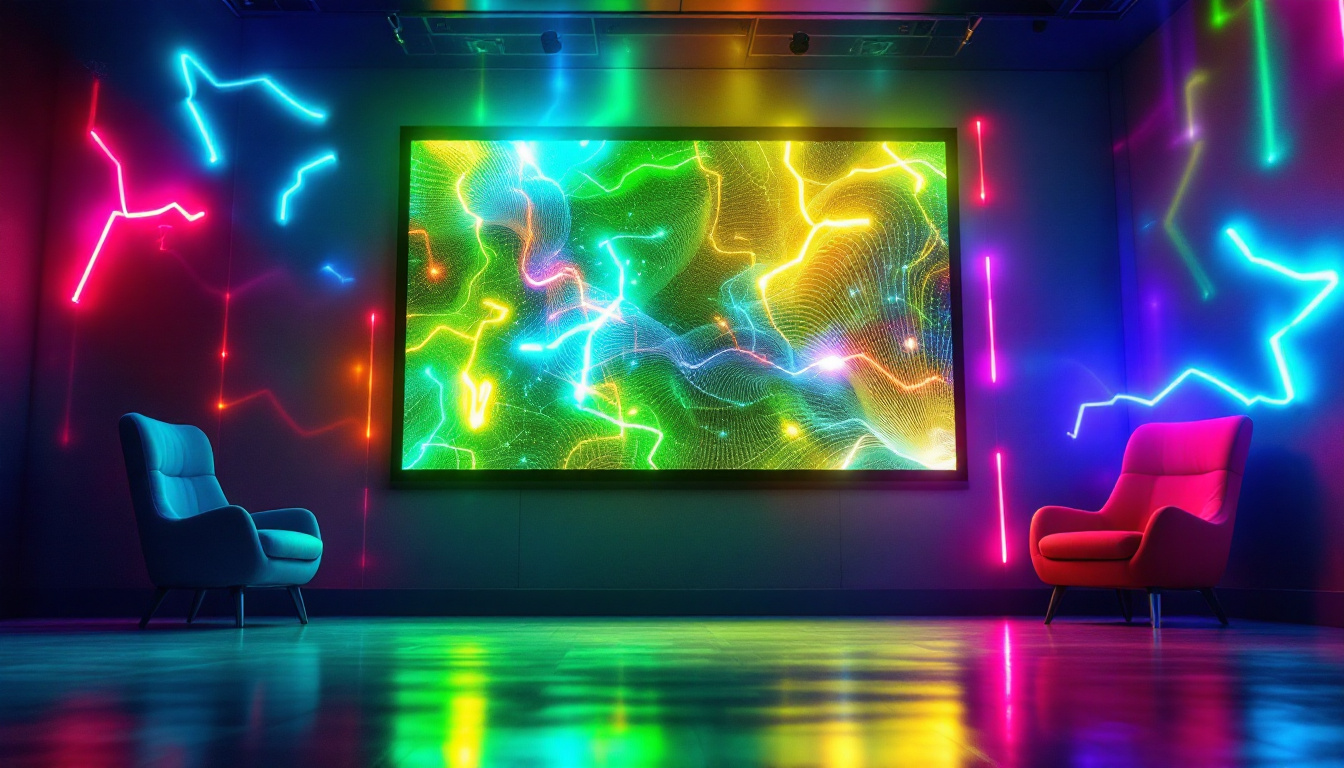 A photograph of a vibrant photo background wall featuring an led display in action