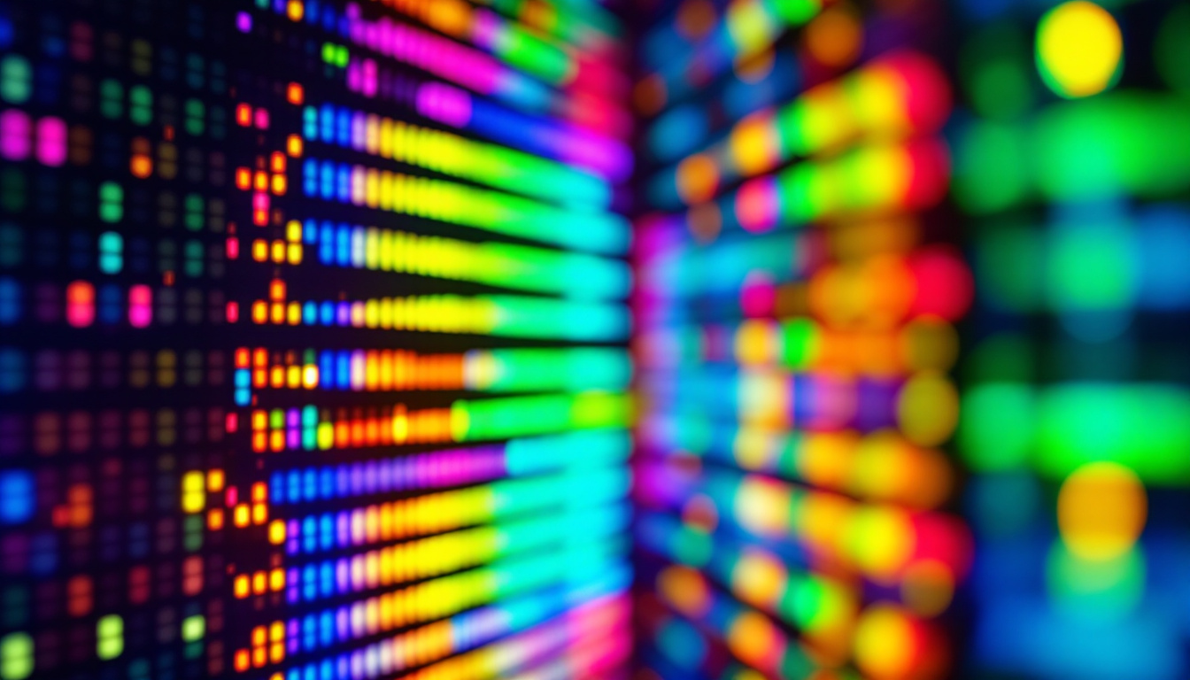 A photograph of a close-up of a vibrant led display showcasing various color patterns and gradients