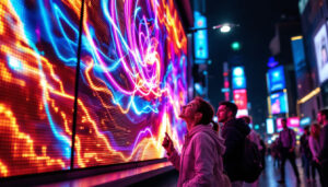 A photograph of capture a photograph of a vibrant led display in a bustling urban environment