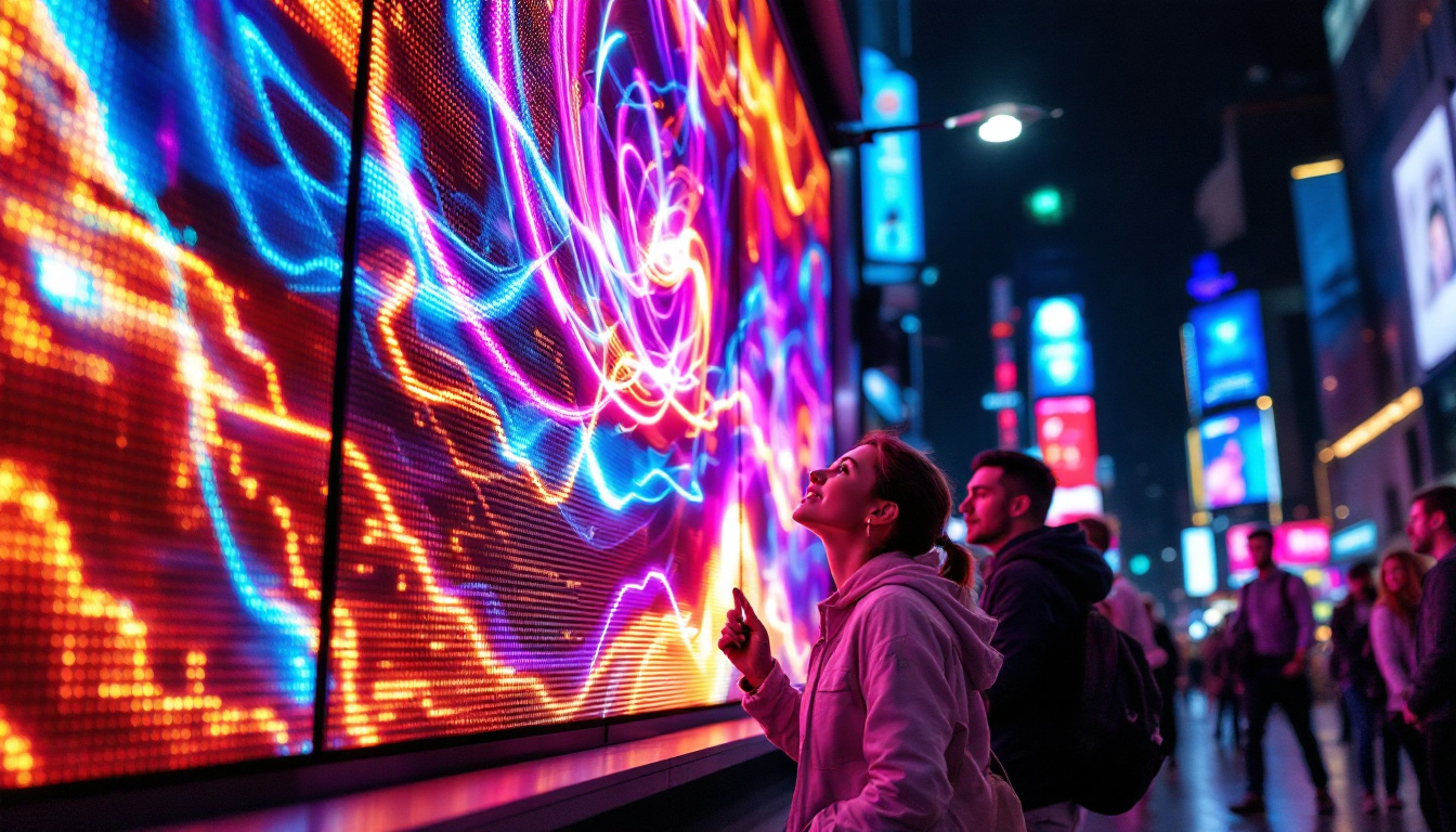 A photograph of capture a photograph of a vibrant led display in a bustling urban environment