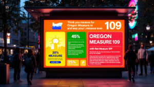 A photograph of a vibrant led display showcasing information about oregon measure 109