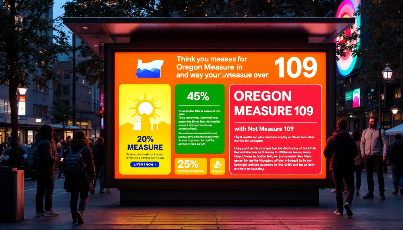 A photograph of a vibrant led display showcasing information about oregon measure 109