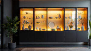 A photograph of a stylish wall-mounted china cabinet featuring an elegant led display