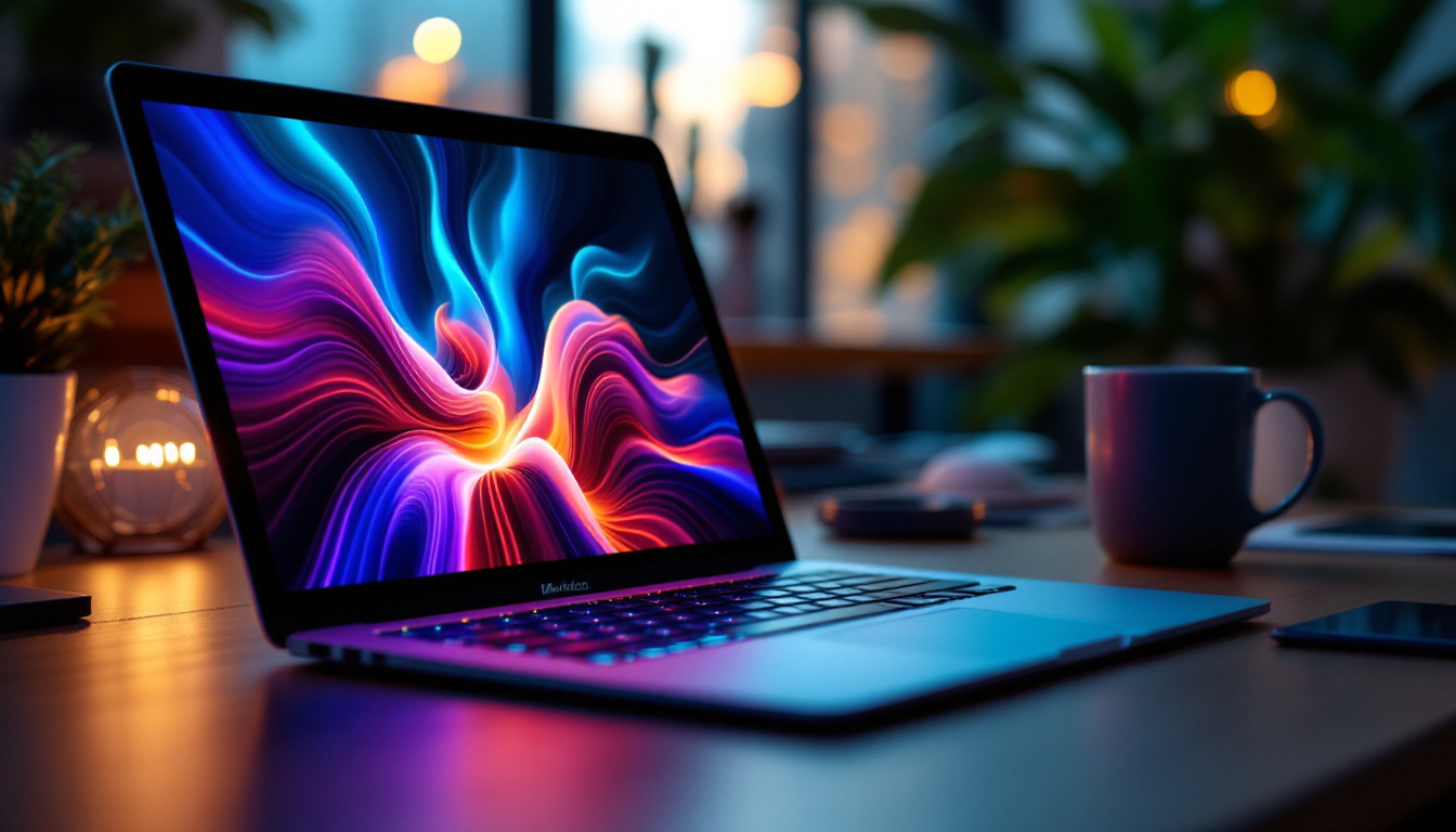 A photograph of a sleek mac laptop with a vibrant touch screen display illuminated