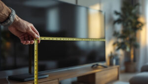 A photograph of a person measuring a flat screen led tv with a tape measure