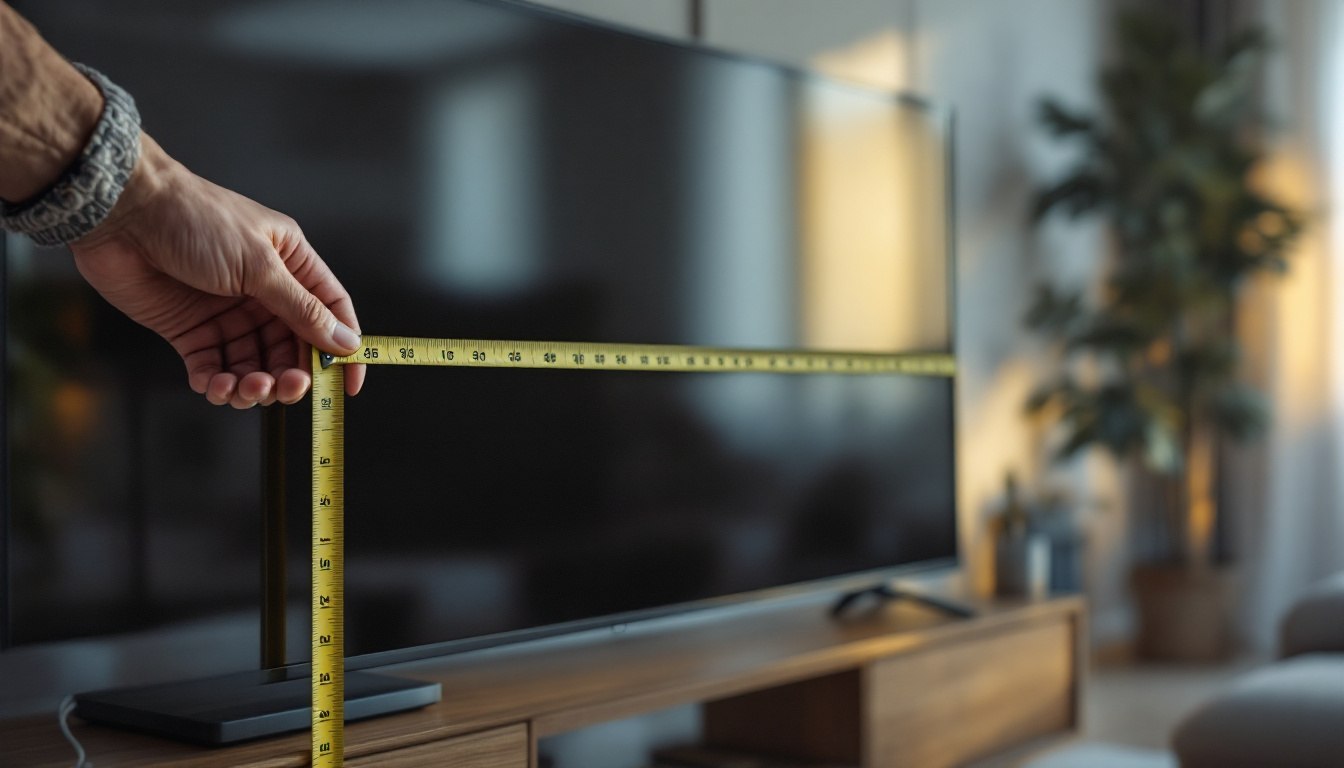 A photograph of a person measuring a flat screen led tv with a tape measure