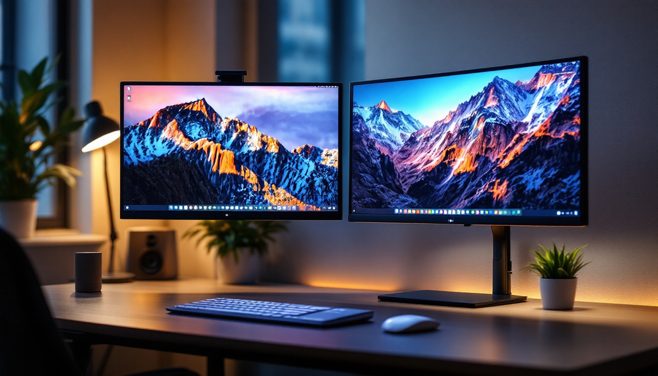 A photograph of a sleek and modern dual monitor setup featuring two 27-inch led displays on an adjustable stand