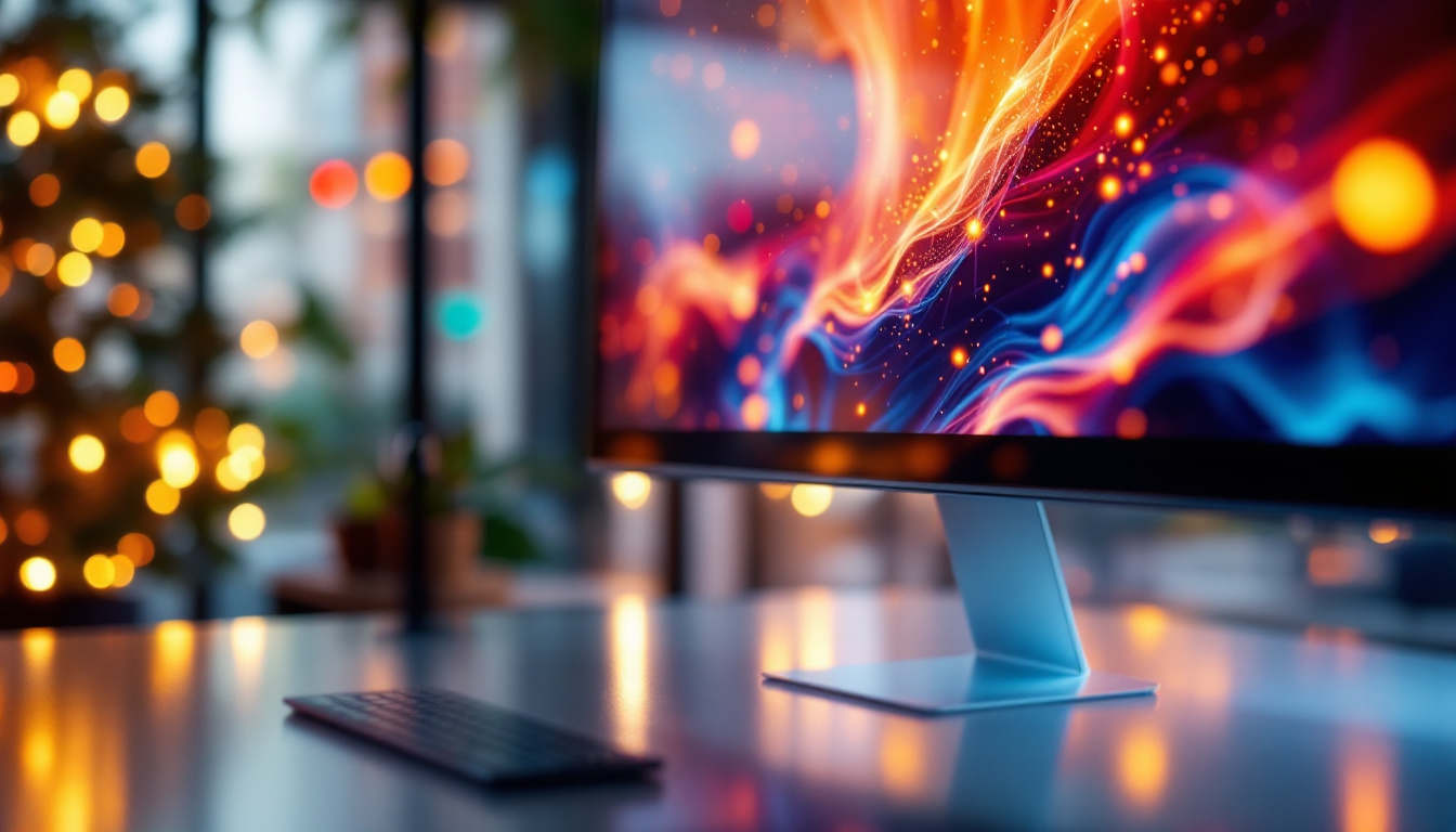 A photograph of a sleek lcd monitor displaying vibrant led visuals
