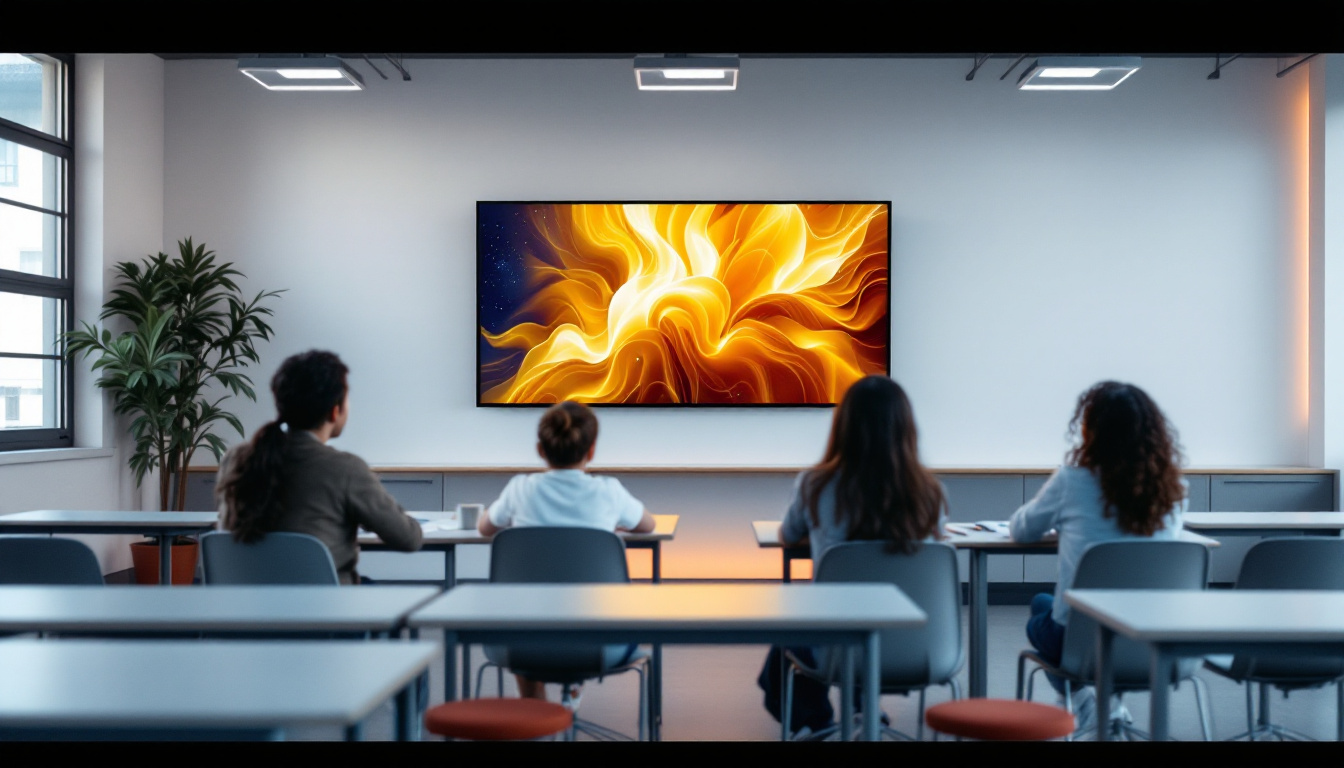 A photograph of a modern modular classroom setting featuring an led display prominently integrated into the learning environment
