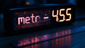 A photograph of a close-up shot of an led display screen showing a measurement conversion from meters to inches