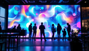 A photograph of a vibrant led display wall in a dynamic setting