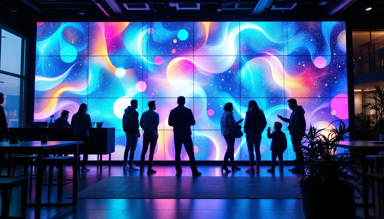 A photograph of a vibrant led display wall in a dynamic setting