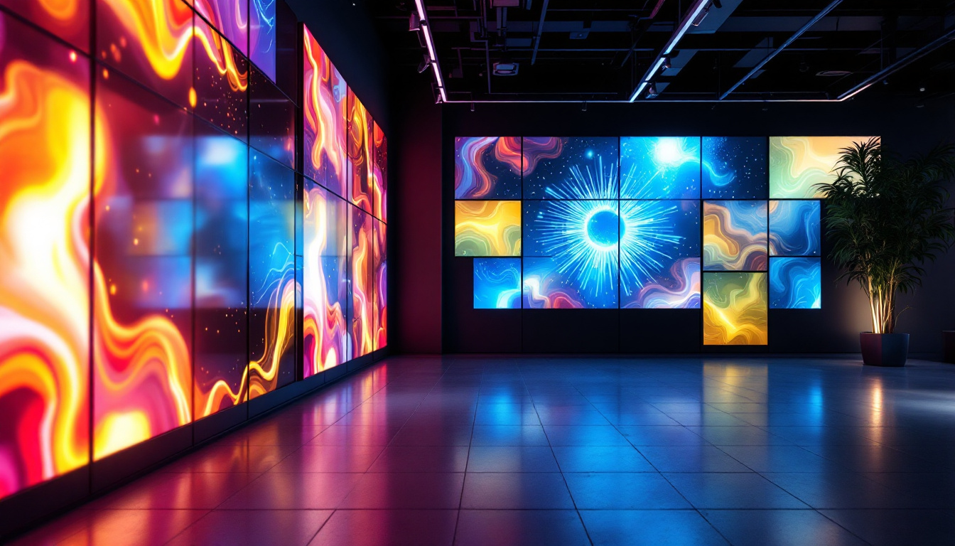 A photograph of a modern interior space featuring wall panels integrated with vibrant led displays