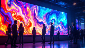 A photograph of a vibrant led wallscreen in an engaging environment