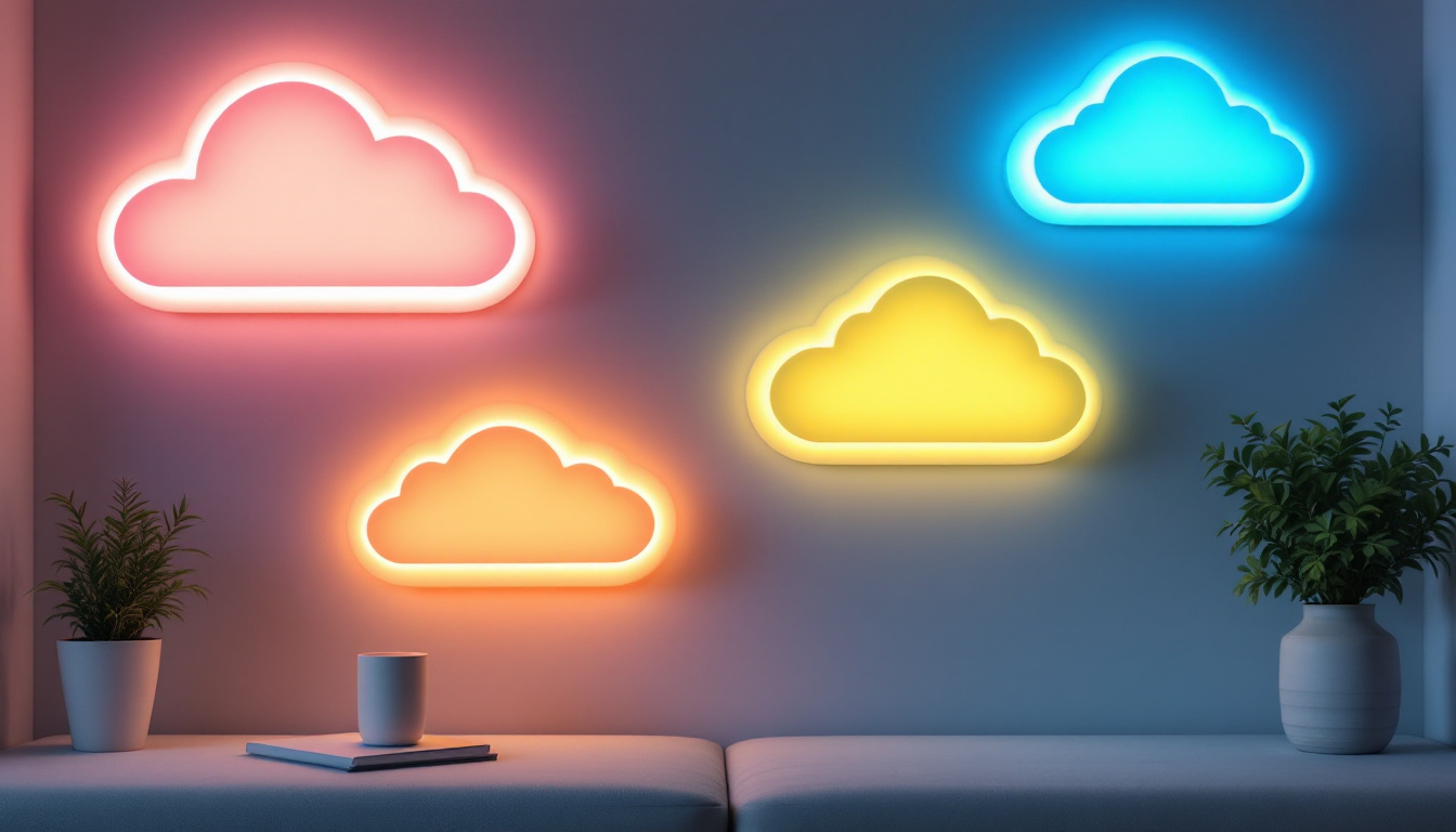 A photograph of a modern room featuring stylish cloud-shaped led wall lights in various colors