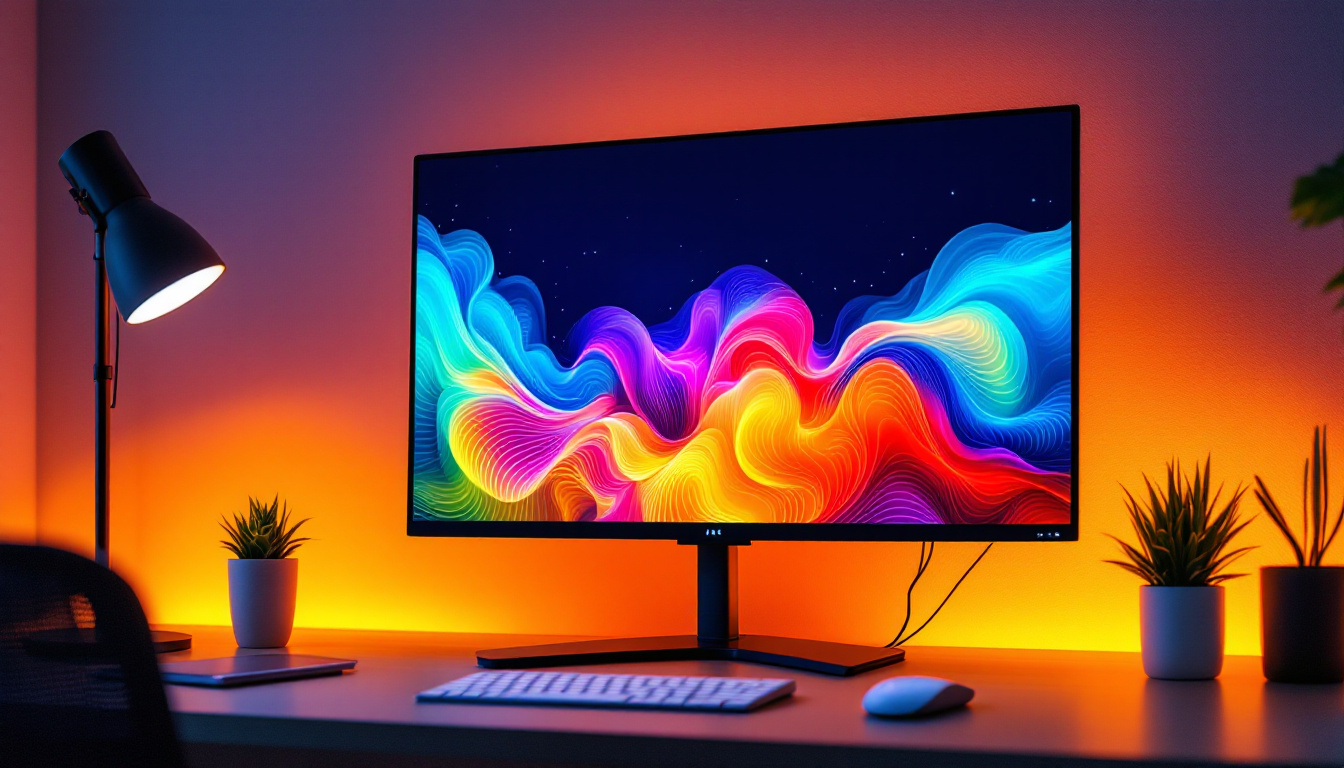 A photograph of a vibrant led monitor displaying a colorful