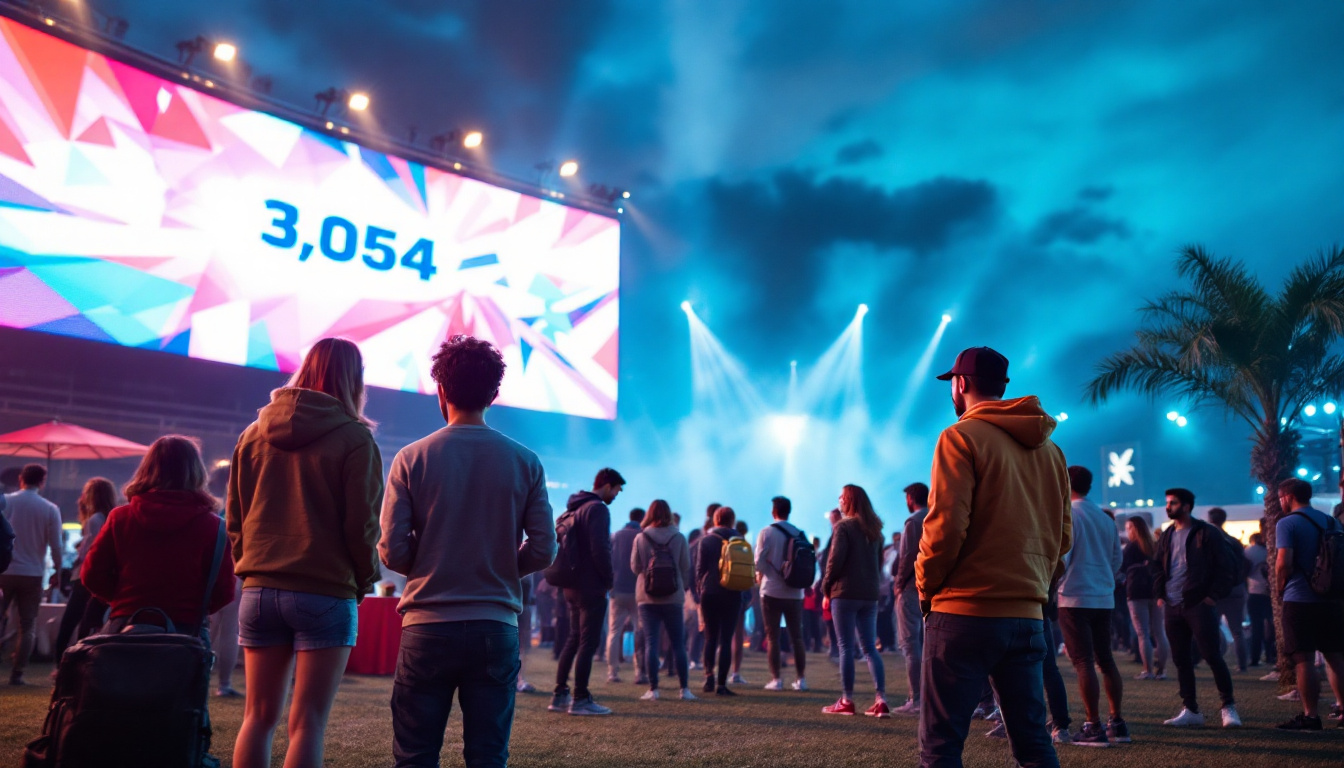 A photograph of a vibrant outdoor setting featuring a group of people engaging in various commercial outdoor games