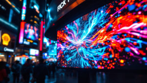 A photograph of a vibrant led display showcasing a dynamic visual