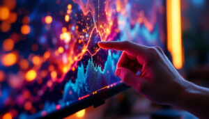A photograph of a close-up shot of a hand adjusting the brightness settings on a modern led monitor