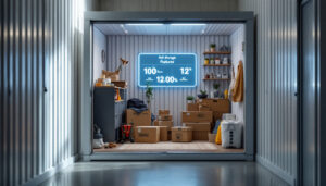 A photograph of a well-organized 10x10 self-storage unit featuring an led display showcasing its features
