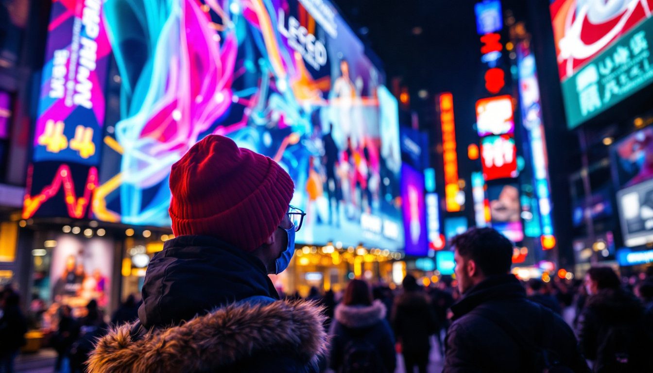 A photograph of a vibrant led display in a bustling urban environment