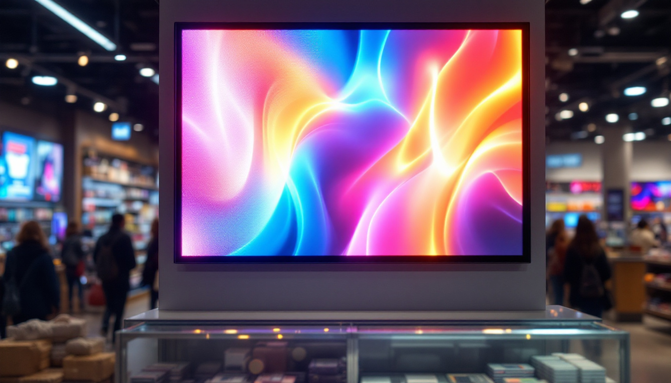 A photograph of a vibrant led display fixture in a retail environment