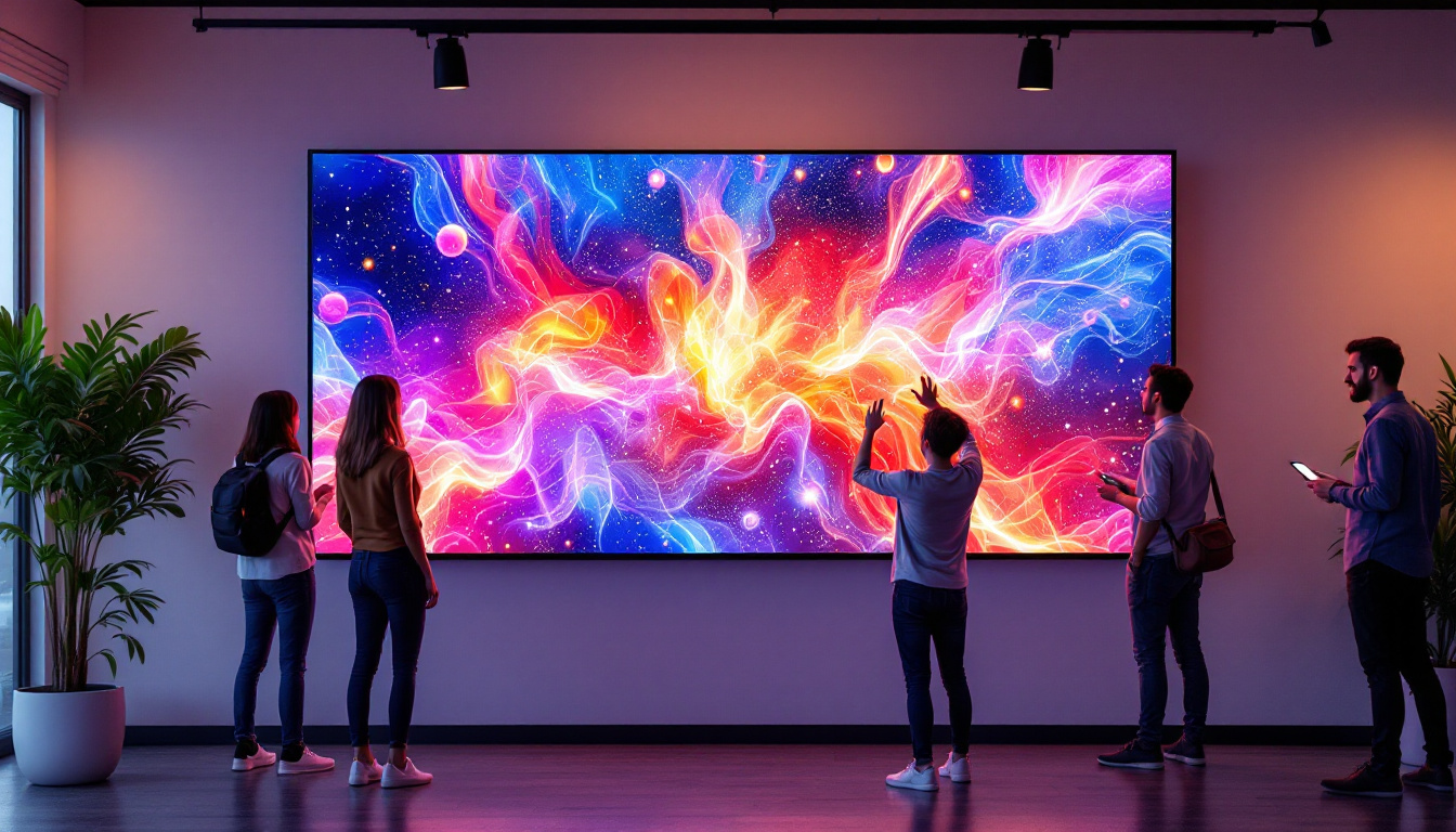 A photograph of a vibrant clip wall panel featuring a dynamic led display in a modern setting