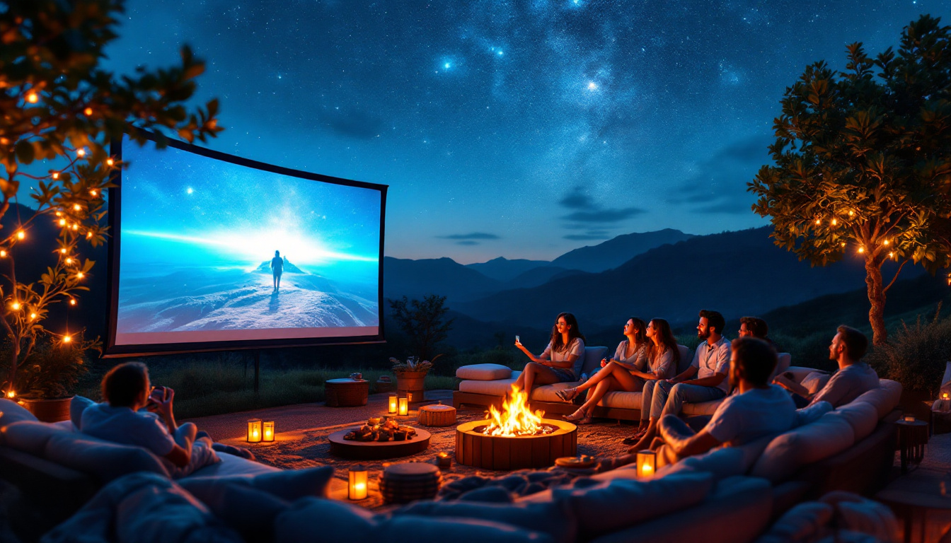 A photograph of a vibrant outdoor movie night scene featuring a high-quality led projector displaying a film on a large screen