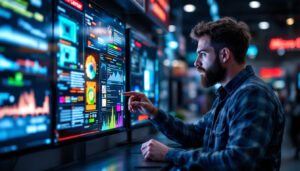 A photograph of a customer interacting with a micro center associate