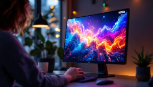 A photograph of a sleek wireless touch screen computer monitor displaying vibrant graphics