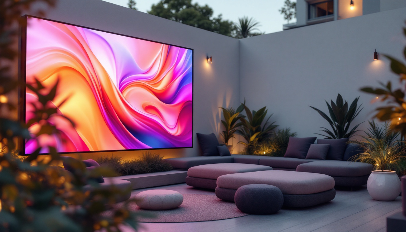 A photograph of a stylish outdoor space featuring a modern led display screen that showcases vibrant visuals while providing a sense of privacy
