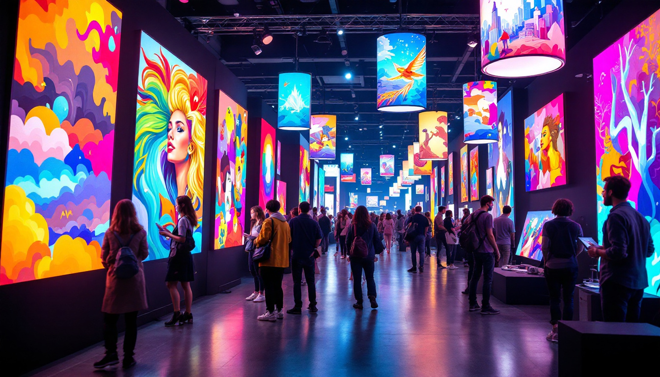 A photograph of a vibrant art fair scene featuring a variety of led display panels showcasing colorful artworks