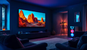 A photograph of a cozy home theater room featuring a large led display