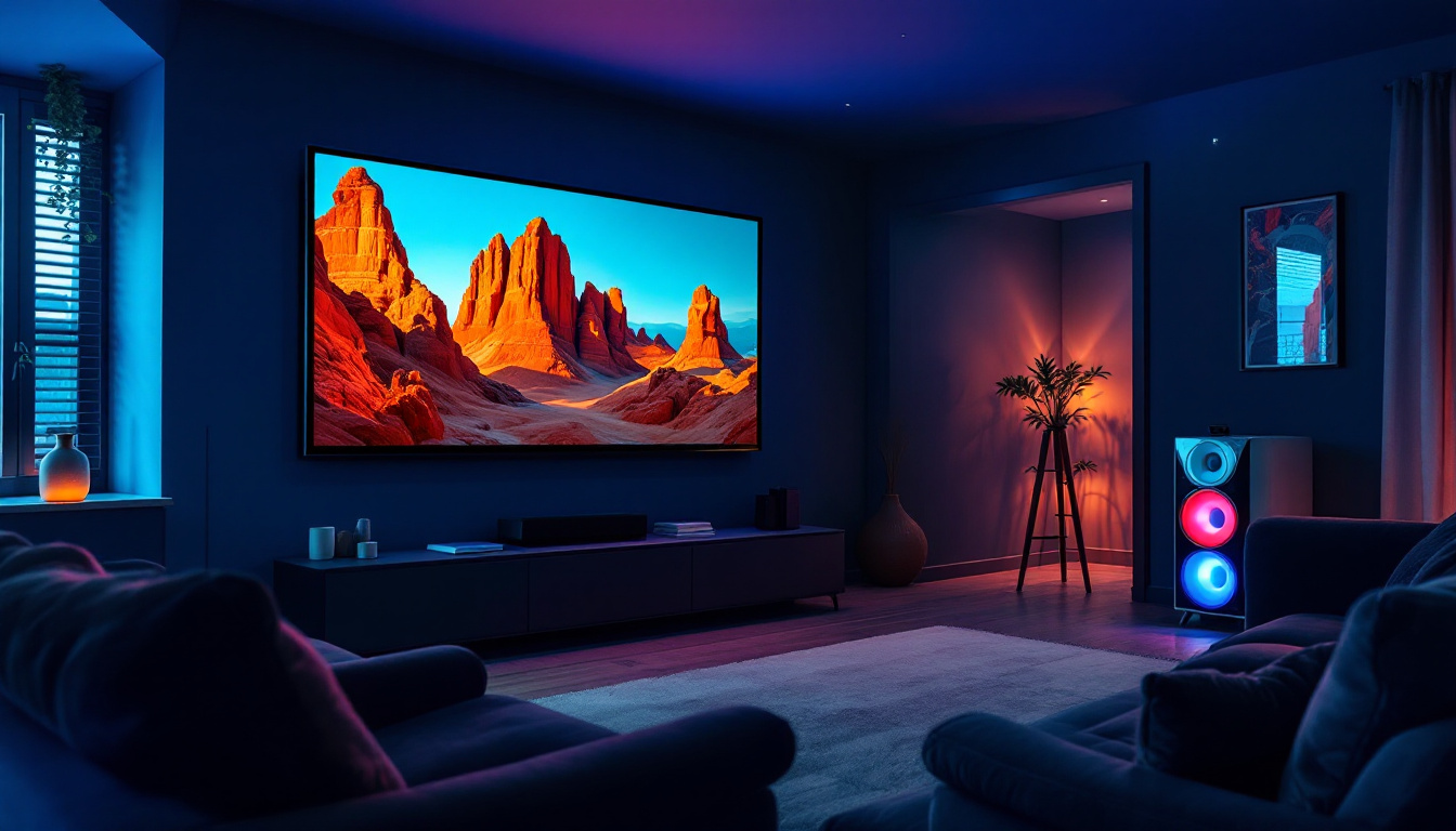 A photograph of a cozy home theater room featuring a large led display