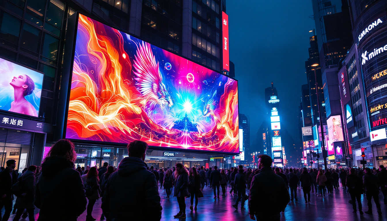 A photograph of capture a photograph of a vibrant led display showcasing dynamic visuals in a bustling urban environment