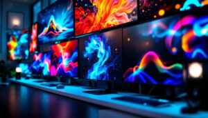 A photograph of a vibrant display of various led monitors arranged in an appealing layout