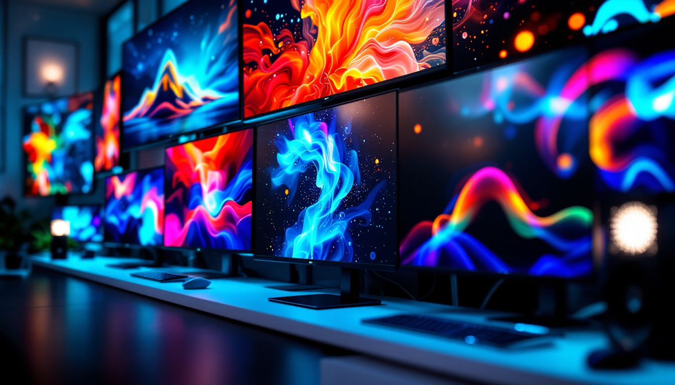 A photograph of a vibrant display of various led monitors arranged in an appealing layout