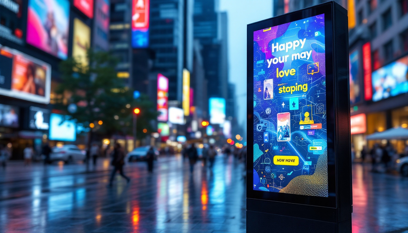 A photograph of a vibrant and dynamic led digital advertising board in a bustling urban setting