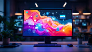 A photograph of capture a photograph of a sleek 32-inch touchscreen monitor displaying vibrant
