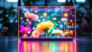 A photograph of a transparent micro led screen in an indoor setting