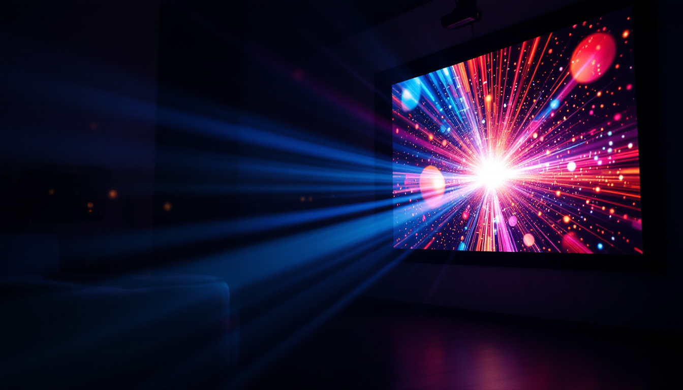 A photograph of a projector displaying a vibrant led screen in a darkened room