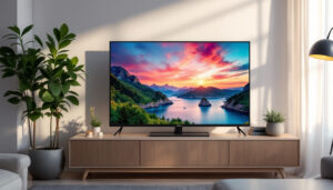 A photograph of a sleek 22-inch flat panel led tv displaying vibrant colors and sharp images