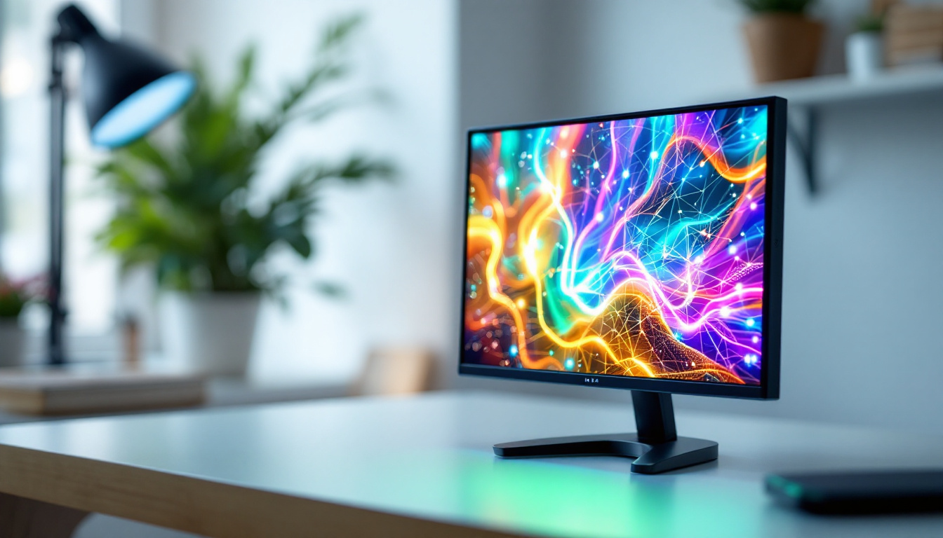 A photograph of a small vga monitor displaying vibrant led graphics