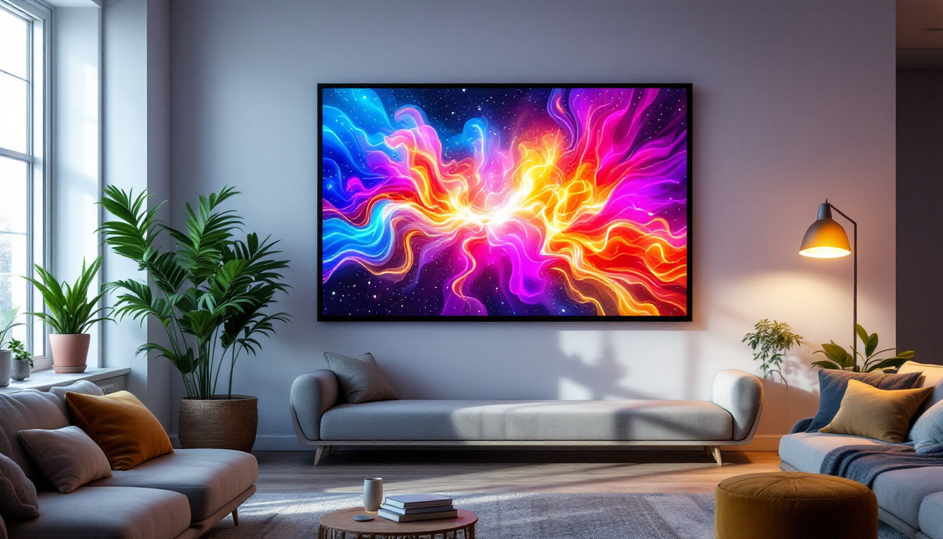A photograph of a vibrant wall projection screen displaying a dynamic led visual