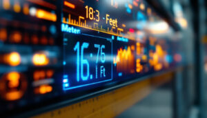 A photograph of a close-up shot of an led display showing measurements in both meters and feet