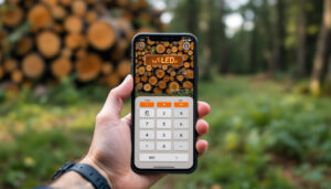 A photograph of a close-up shot of a log board foot calculator app displayed on a smartphone or tablet